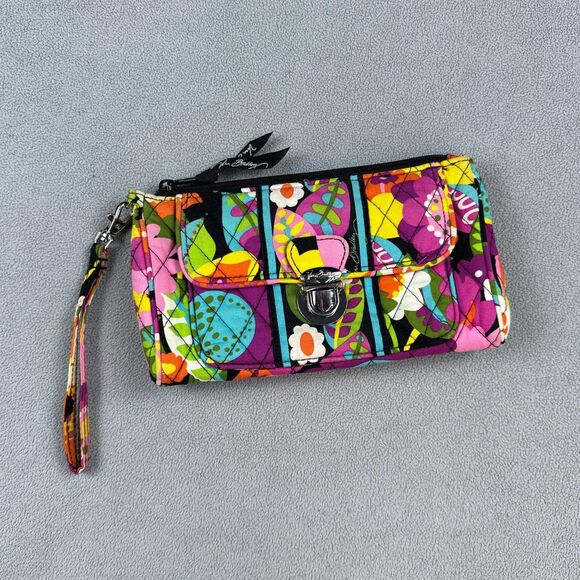 Vera Bradley Wallet Wristlet Clutch Pink Black Blue Floral Quilted Turnlock - Picture 1 of 9